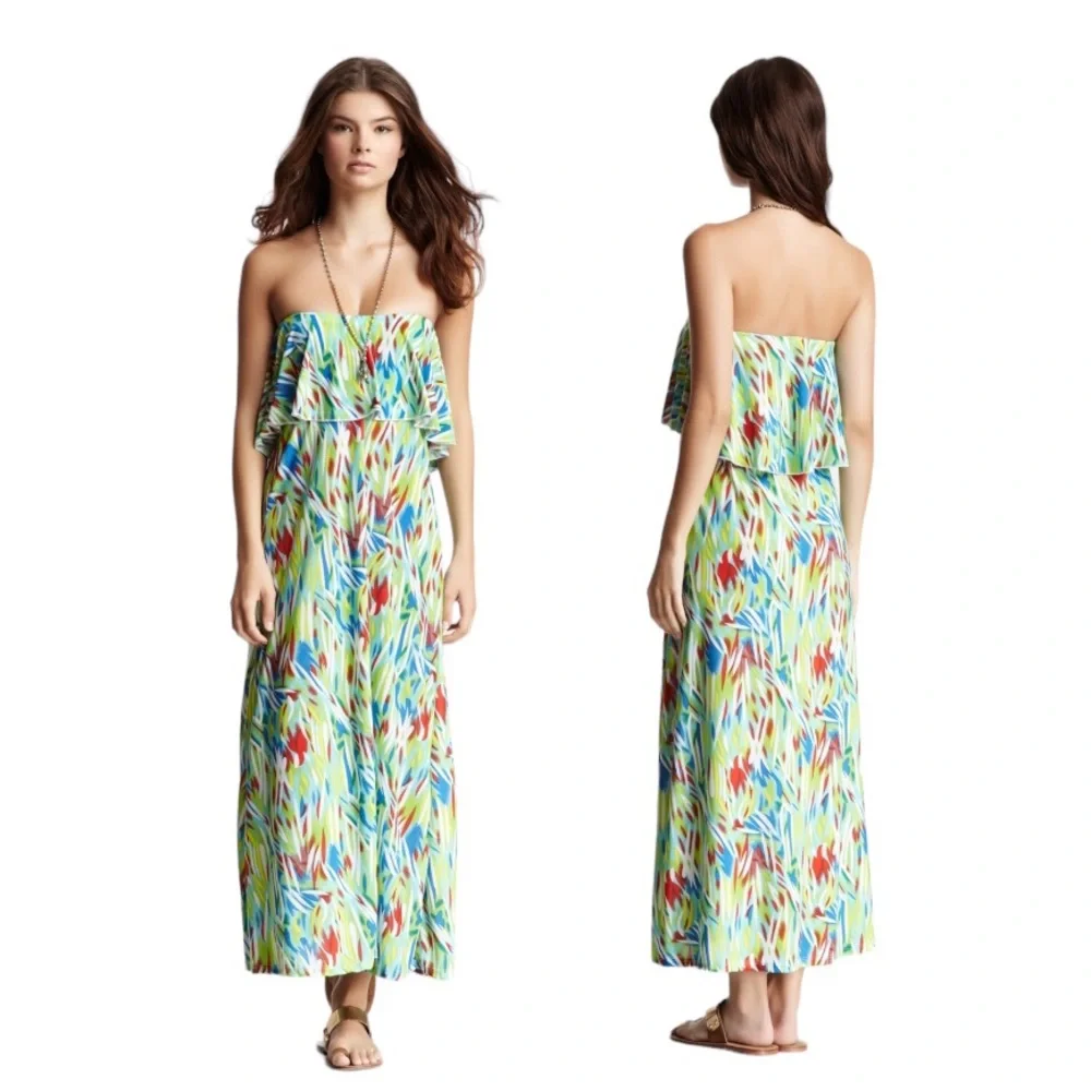 Nordstrom American Twist Tropical Strapless Ruffle Popover Maxi Dress Large - Picture 1 of 8